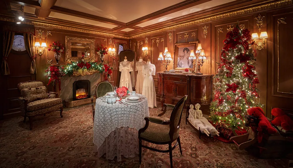 A lavishly decorated vintage room features a Christmas tree a fireplace and an elegantly set tea table