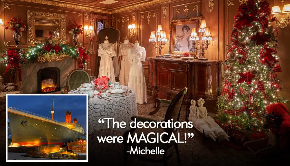 An opulent wooden staircase is lavishly decorated with Christmas garlands lights and ornaments set against a backdrop of a grandiose circular skylight