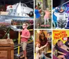 A child interacts with an interactive exhibit at a space-themed attraction while another childs face is humorously positioned in the helmet of a large astronaut statue