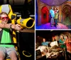 People are enjoying an interactive 3D ride wearing glasses and using handheld devices to aim at targets