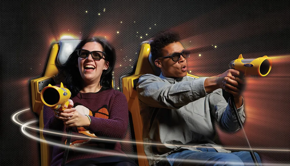 Two people wearing 3D glasses are enthusiastically playing an interactive shooting game while seated in a motion simulator