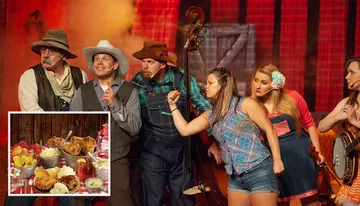 A group of performers in Western attire are animatedly acting on stage, with an inset image showing a variety of hearty Southern-style foods on a table.