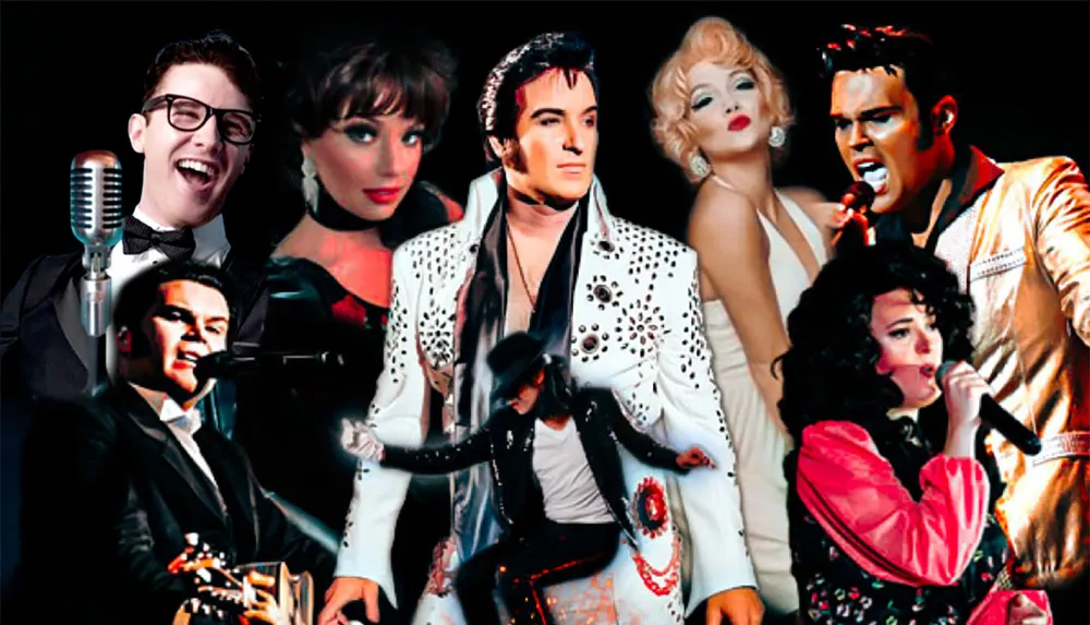 This image features a collage of various performers and singers from different eras all set against a dark background