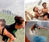 Three individuals are enjoying themselves while navigating through water inside a transparent inflatable zorb ball