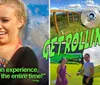 A group of people are joyfully rolling inside a large inflatable ball with text overlay reading GET ROLLIN and a testimonial describing it as a fun experience