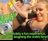 A group of people are joyfully rolling inside a large inflatable ball with text overlay reading GET ROLLIN and a testimonial describing it as a fun experience