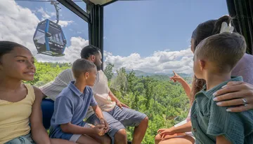 A family is enjoying a scenic view from inside a cable car ride, surrounded by lush green forests under a blue sky.