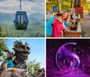 A family is enjoying a scenic view from inside a cable car ride surrounded by lush green forests under a blue sky