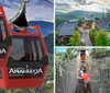 The image shows red gondola cabins of a cable car system against a backdrop of lush green mountains presumably serving as a mode of transportation for sightseeing or accessing mountainous areas