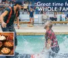 The image shows a collage with one photo depicting a man splashed with water in a celebratory moment at a sports game and an inset photo showcasing a selection of hearty meals accompanied by the quote Great time for the WHOLE FAMILY by Paula