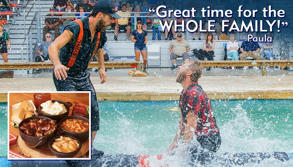 The image shows a collage with one photo depicting a man splashed with water in a celebratory moment at a sports game and an inset photo showcasing a selection of hearty meals accompanied by the quote Great time for the WHOLE FAMILY by Paula