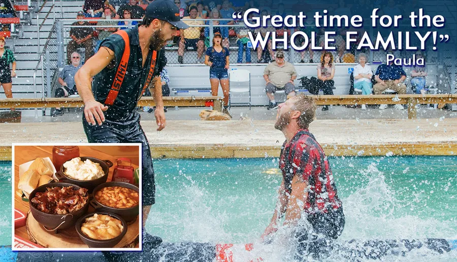 The image shows a collage with one photo depicting a man splashed with water in a celebratory moment at a sports game, and an inset photo showcasing a selection of hearty meals, accompanied by the quote Great time for the WHOLE FAMILY! by Paula.