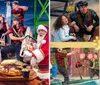 The image depicts a lively and colorful promotional scene for Paula Deens Lumberjack Feud Christmas Supper Show featuring a playful group of people dressed as lumberjacks along with a child in the foreground and a character dressed as Santa Claus holding a chainsaw