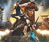 The image features a vibrant pirate-themed performance with acrobats ships and action set against a backdrop with a pirate ship and ocean alongside an inset of a plate with a meal including chicken corn and beans