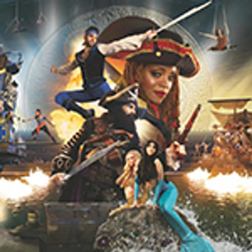 The image features a vibrant action-packed scene with pirates and mermaids showcasing adventurous and theatrical elements