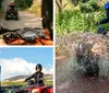 A person wearing a helmet and protective gear is riding an ATV on a narrow dirt trail through a forest