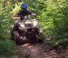 A person wearing a helmet and protective gear is riding an ATV on a narrow dirt trail through a forest