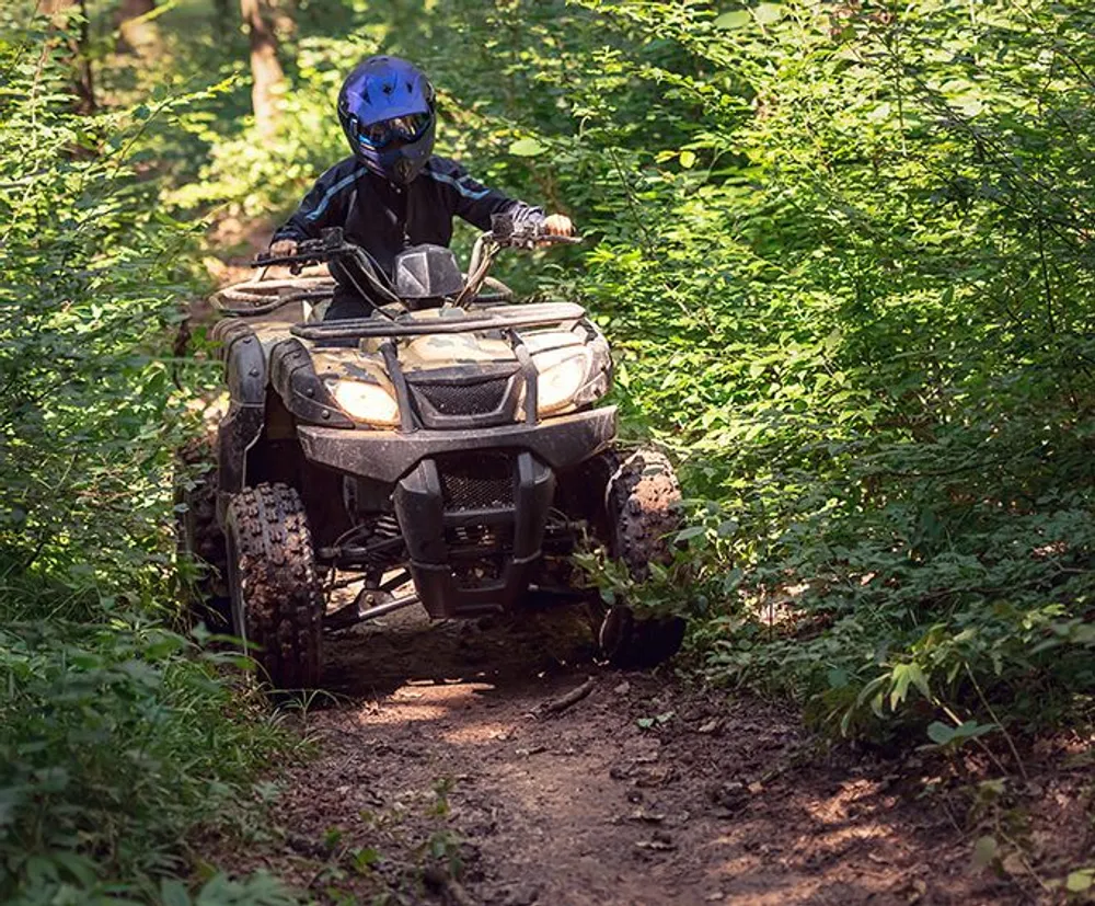 A person wearing a helmet and protective gear is riding an ATV on a narrow dirt trail through a forest