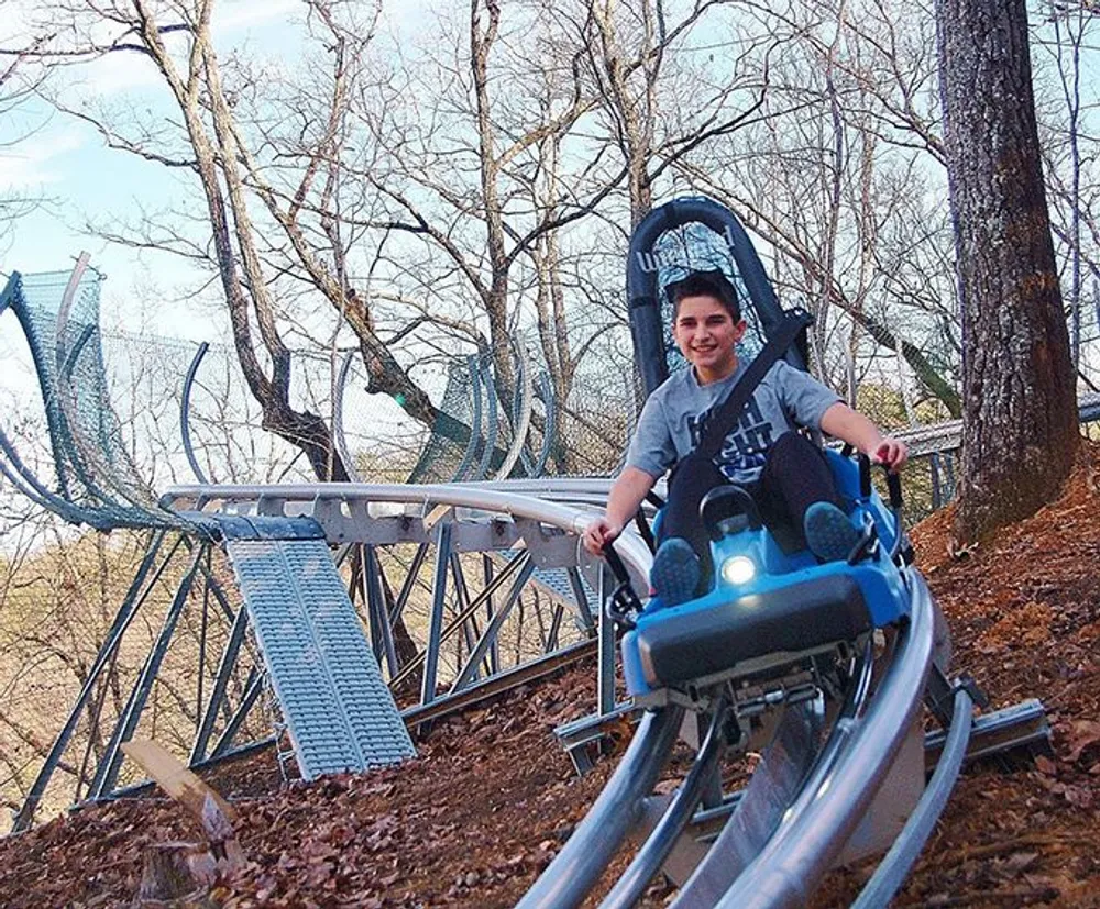 A person is enjoying a ride on a small roller coaster built through a wooded area