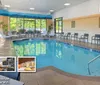 The image features an indoor pool area with seating highlighting amenities such as free hot breakfast and premium WiFi located on the Parkway