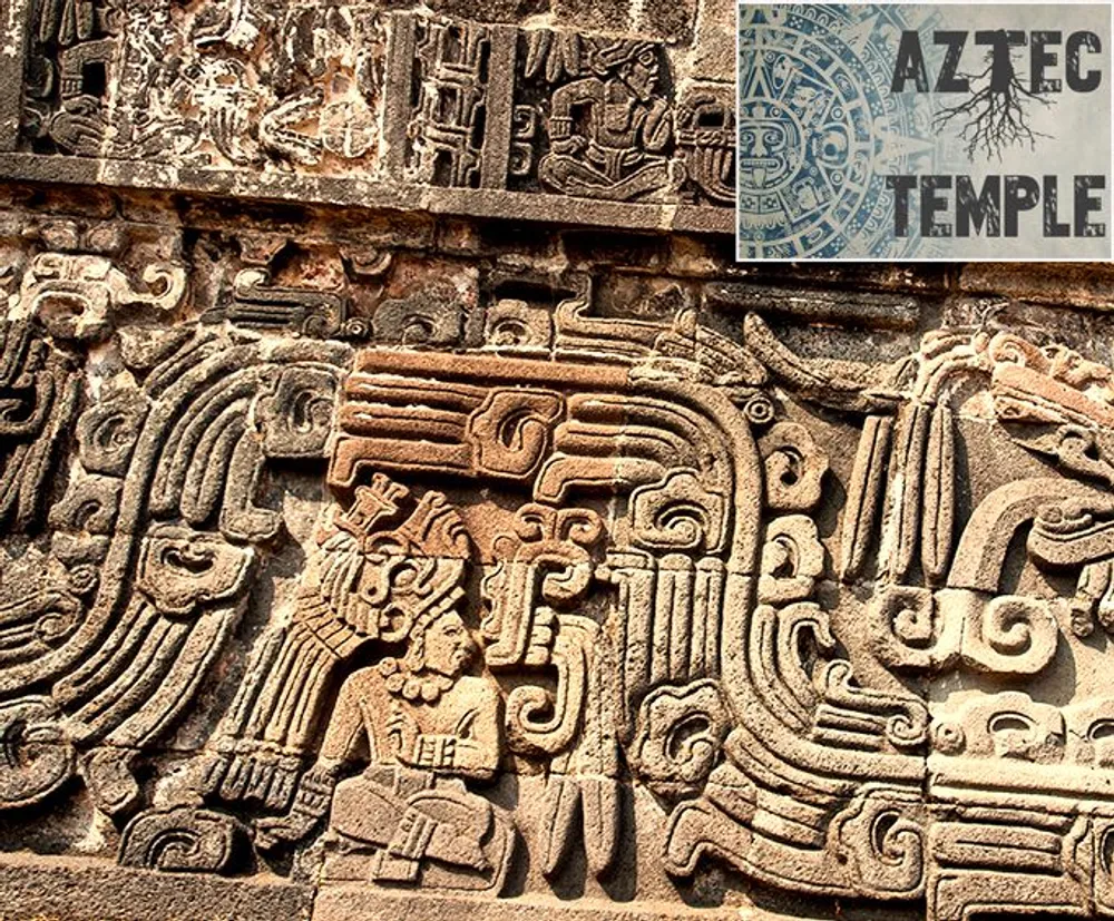 The image displays detailed stone carvings with Mesoamerican motifs and a label saying Aztec Temple suggesting its a photograph of an ancient Aztec archaeological site