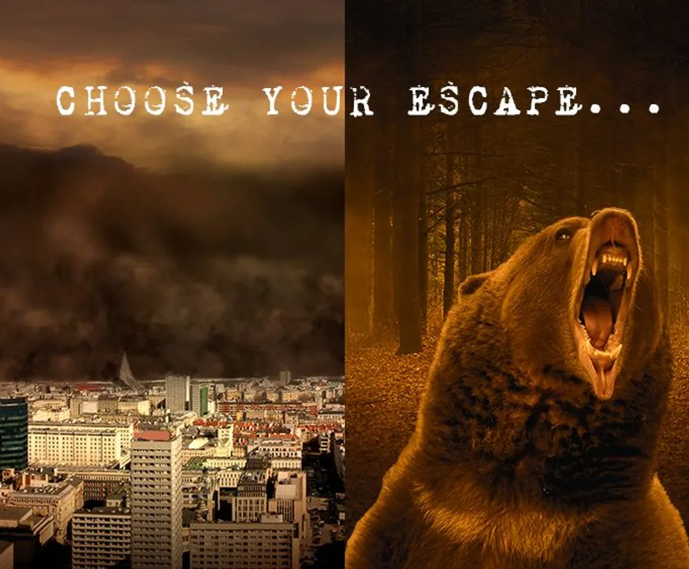 The image is a split scene with a city under a stormy sky on the left and a roaring bear in a forest on the right overlayed with the text CHOOSE YOUR ESCAPE