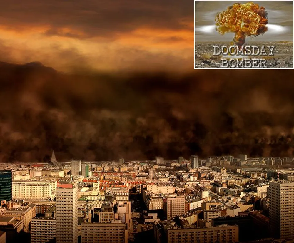 This image depicts a dramatic and catastrophic scene of a city engulfed in dark smoke under a troubled sky with an inset image of a nuclear explosion labeled DOOMSDAY BOMBER