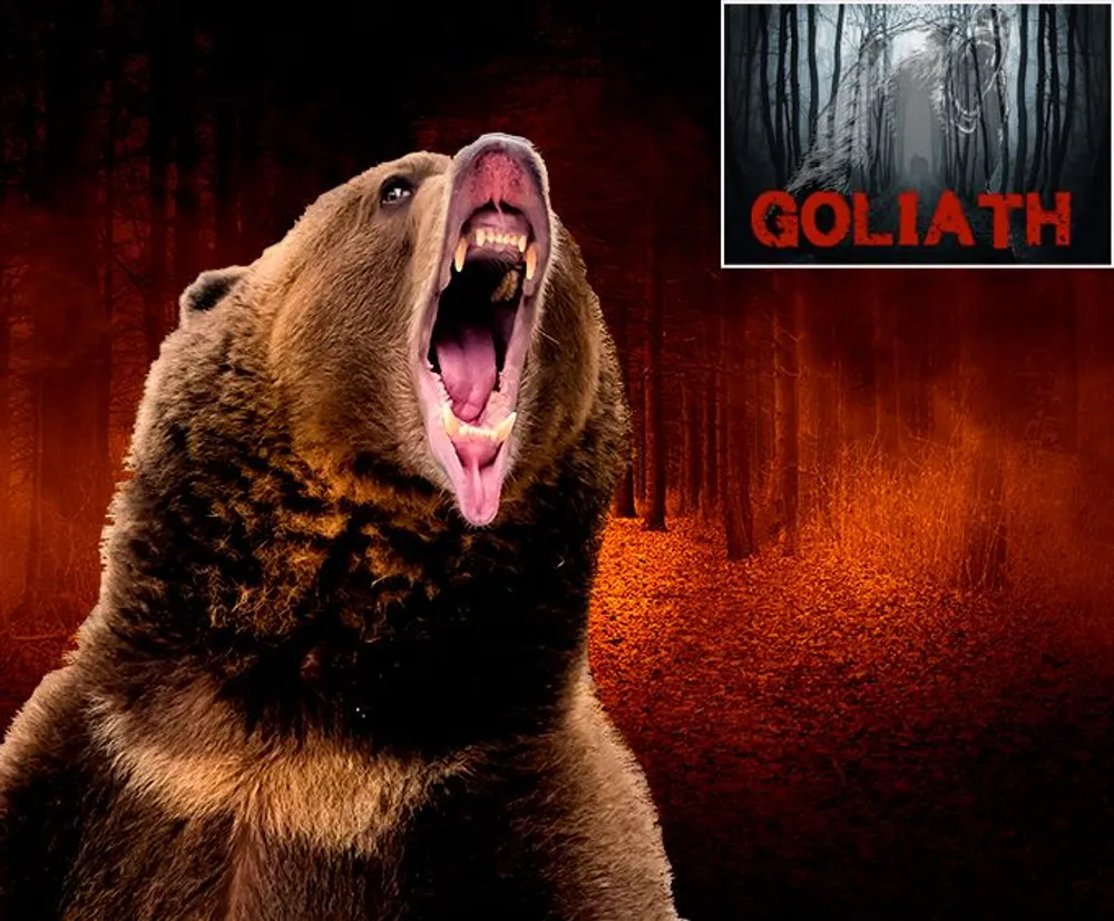 The image shows a roaring bear with its mouth wide open in the foreground set against a backdrop of a mysterious red-tinged forest with the word GOLIATH overlaid in the top right corner suggesting a possibly intimidating theme or name associated with the content