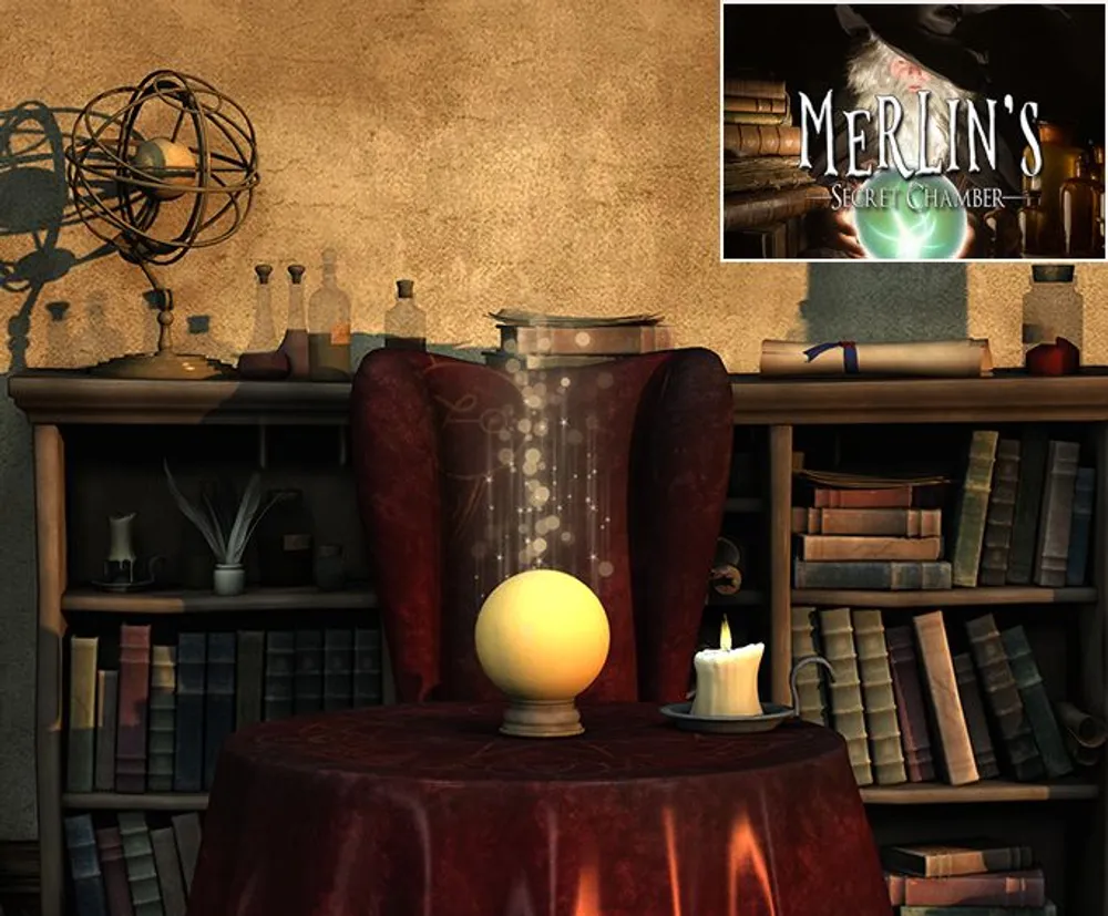 The image depicts a computer-generated mystical study room labeled Merlins Secret Chamber with an orb on a table an armchair bookshelves and various magical artifacts