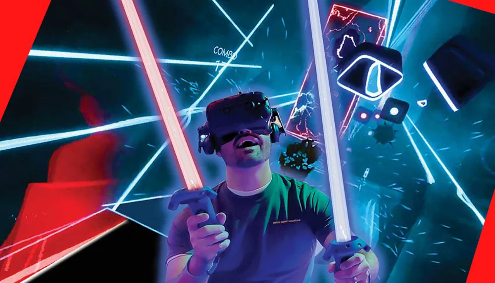 A person is wearing a VR headset and holding controllers seemingly engaged in a virtual reality game with colorful lights and graphics around them