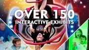 This image is a colorful promotional advertisement featuring excited people engaging with various interactive exhibits, with the phrase