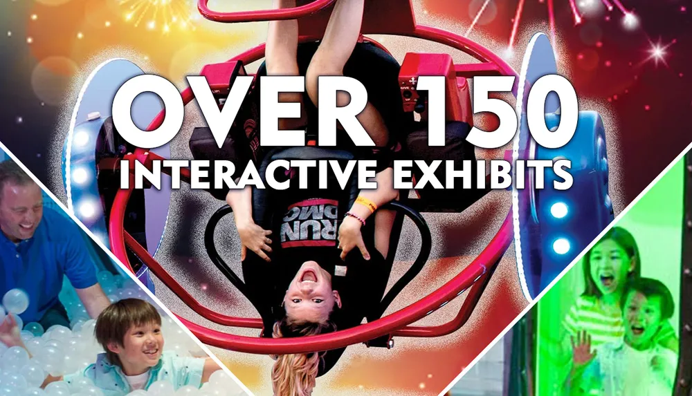 This image is a colorful promotional advertisement featuring excited people engaging with various interactive exhibits with the phrase OVER 150 INTERACTIVE EXHIBITS prominently displayed