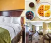 The image shows a neatly prepared hotel room with a large bed crisp white linens and a green decorative runner at the foot of the bed accompanied by wooden furniture and warm lighting that creates a welcoming atmosphere