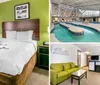 The image shows a neatly arranged hotel room with a queen-sized bed green accent wall and modern furnishings