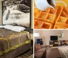 The image shows a neatly arranged hotel room with a large bed decorated with a brown and yellow patterned cover and a prominent black and white nature photograph above the headboard with a view of trees through a window