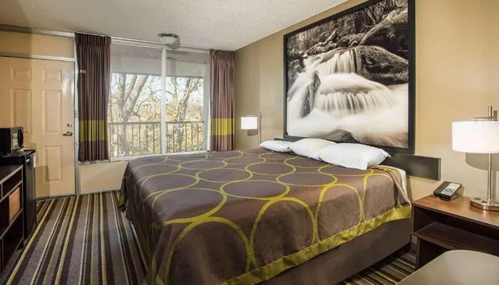 The image shows a neatly arranged hotel room with a large bed decorated with a brown and yellow patterned cover and a prominent black and white nature photograph above the headboard with a view of trees through a window
