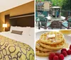 The image shows a modernly furnished hotel room with two twin beds with patterned yellow covers a nature-themed mural behind the beds wooden flooring and a window with curtains