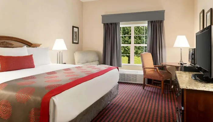 The image showcases a neatly arranged hotel room with a large bed patterned red and gray carpet a desk with a chair and a view to the outside through a window with curtains