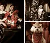 This image is a collage of sepia-toned photographs featuring various people and a dog dressed in elaborate old-fashioned costumes posing in themed settings reminiscent of the American Old West era