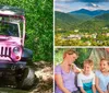 A pink Jeep is off-roading on a rocky trail surrounded by lush green trees