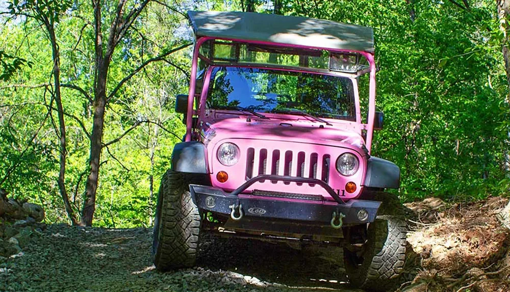 A pink Jeep is off-roading on a rocky trail surrounded by lush green trees