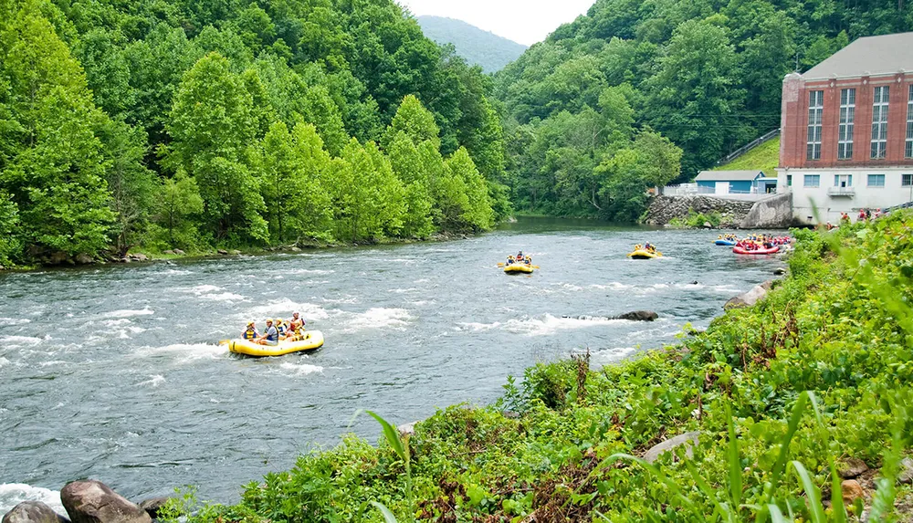 Groups of people are whitewater rafting down a scenic river surrounded by lush greenery and a building at the rivers edge