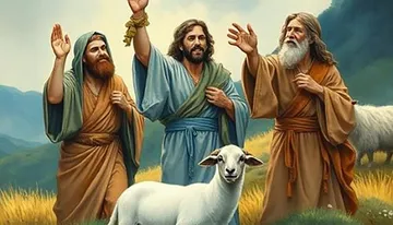 Three men in traditional robes, raising their hands, stand in a grassy landscape with a goat in the foreground.