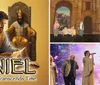 A group of performers dressed in gold outfits are singing on stage with a promotional banner for Daniel A Message that Transcends Time and New for 2025 text in the background