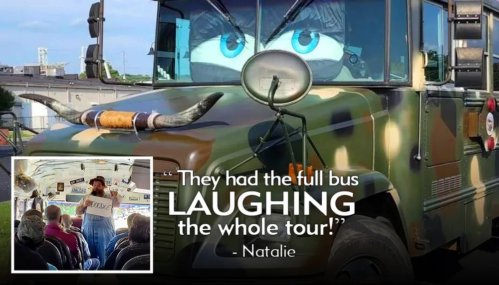 Three jovial men are posing playfully in front of a bus showing a great sense of camaraderie and humor