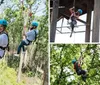 Three people are enjoying a zip-line adventure through a forested area with two of them actively gliding down the line while another waits on a platform