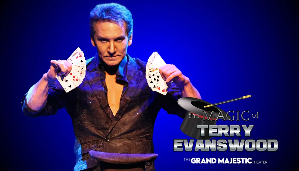 A magician is shown confidently displaying a fan of playing cards on a promotional poster for a magic show at The Grand Majestic Theater