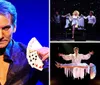 A magician is shown confidently displaying a fan of playing cards on a promotional poster for a magic show at The Grand Majestic Theater