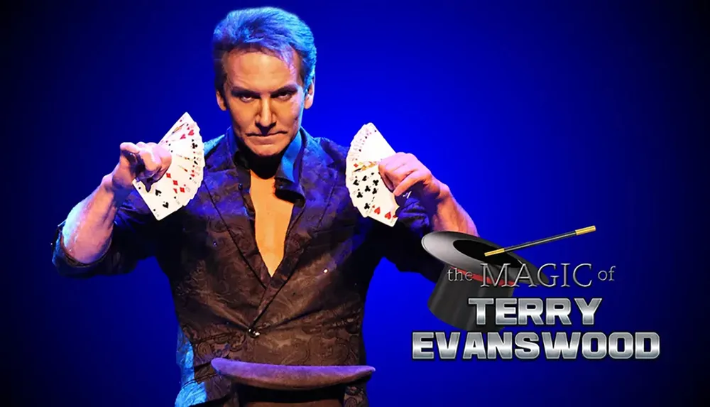 A magician is shown confidently displaying a fan of playing cards on a promotional poster for a magic show at The Grand Majestic Theater