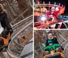 A person dressed as Santa Claus is joyfully waving while riding a small roller coaster at nighttime illuminated by colorful lights